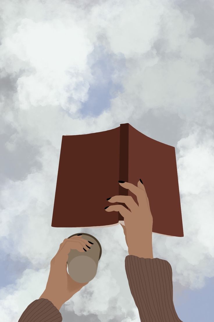 aesthetic illustration of a person holding an open book in one hand and a to-go coffee cup in another hand with the sky on top Books Aesthetic Illustration, Book Aesthetic Painting, Coffee In Hand Aesthetic, Open Book Wallpaper, Someone Holding A Book, Books Drawing Aesthetic, Person Reading A Book Drawing, Book Drawing Aesthetic, Bookish Pfp