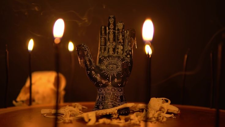 a table topped with candles and an intricate hand statue