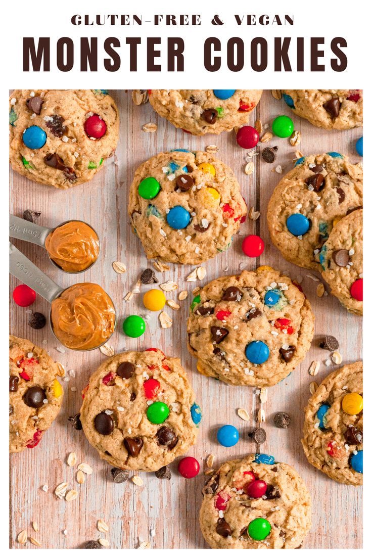 monster cookies with m & m's on top and the title overlay reads gluten free vegan monster cookies