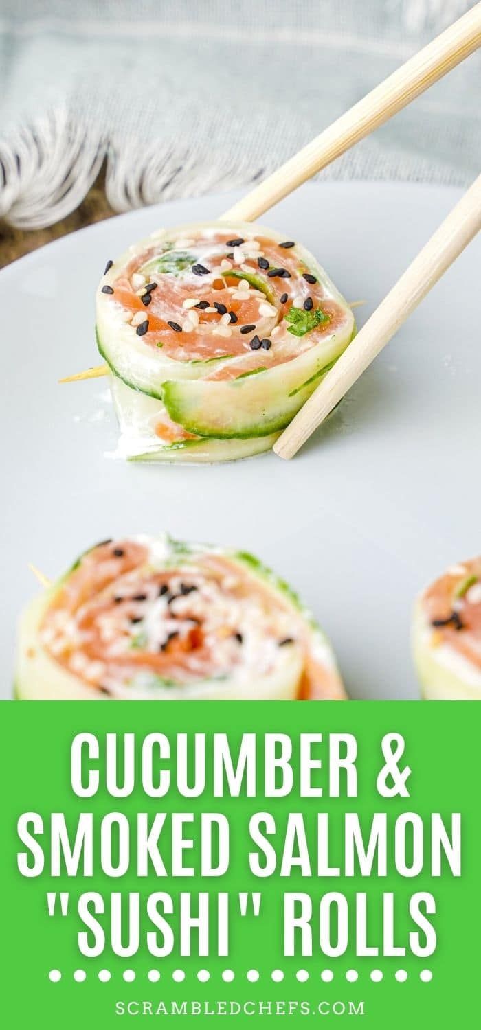 cucumber and smoked salmon sushi rolls on a plate with chopsticks