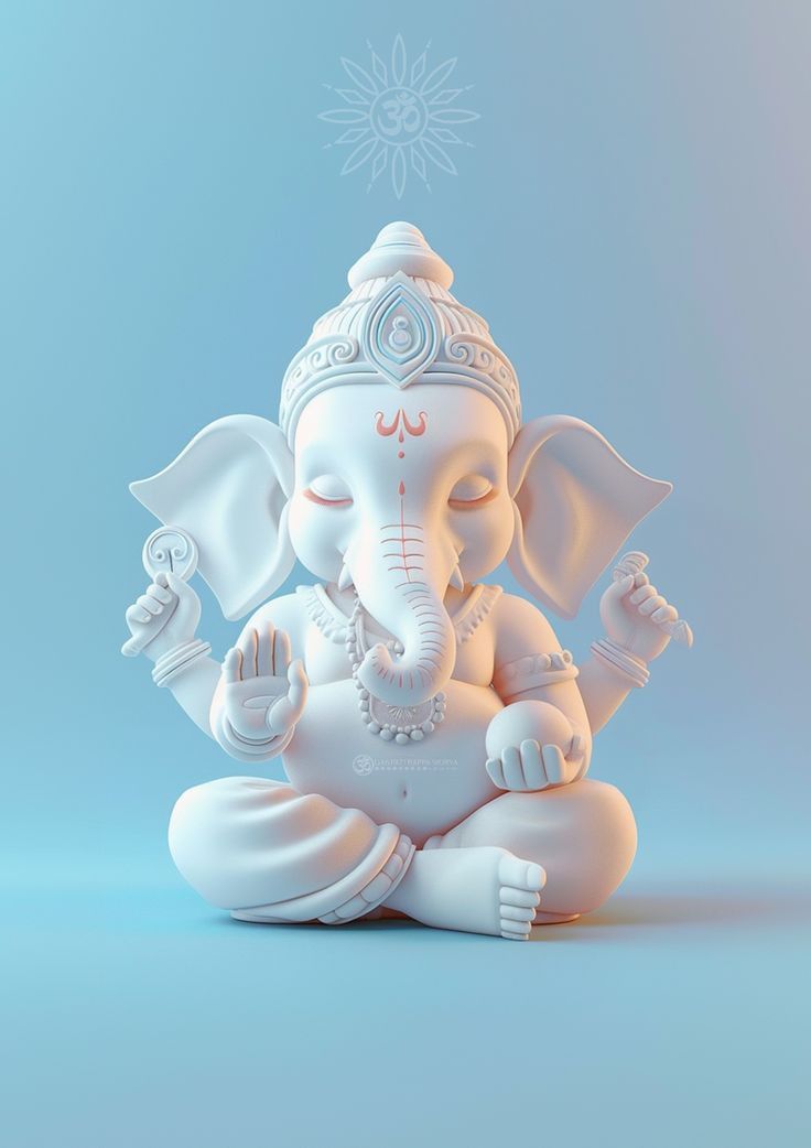 an elephant statue sitting in the middle of a blue and white background with a sun above it