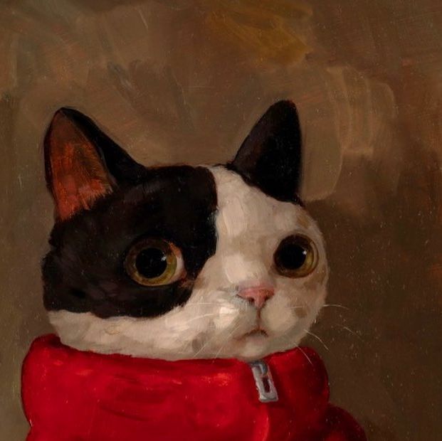 a painting of a black and white cat wearing a red sweater