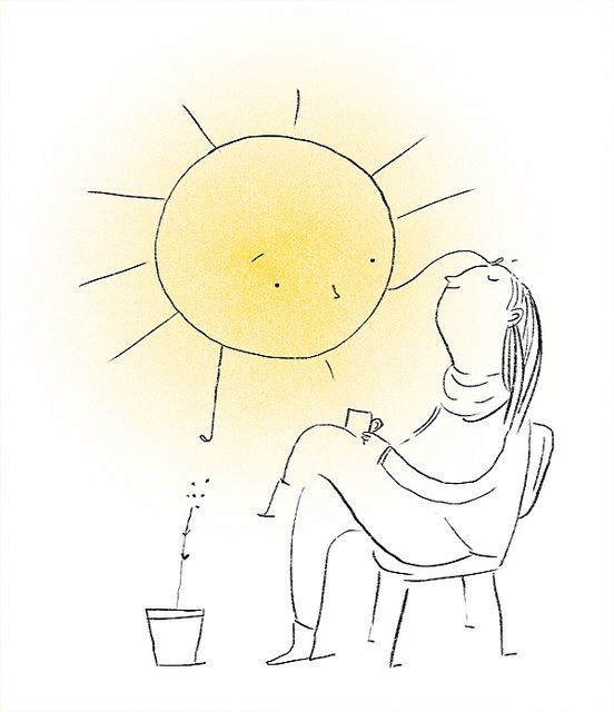 a drawing of a woman sitting in a chair with the sun above her head and water coming out