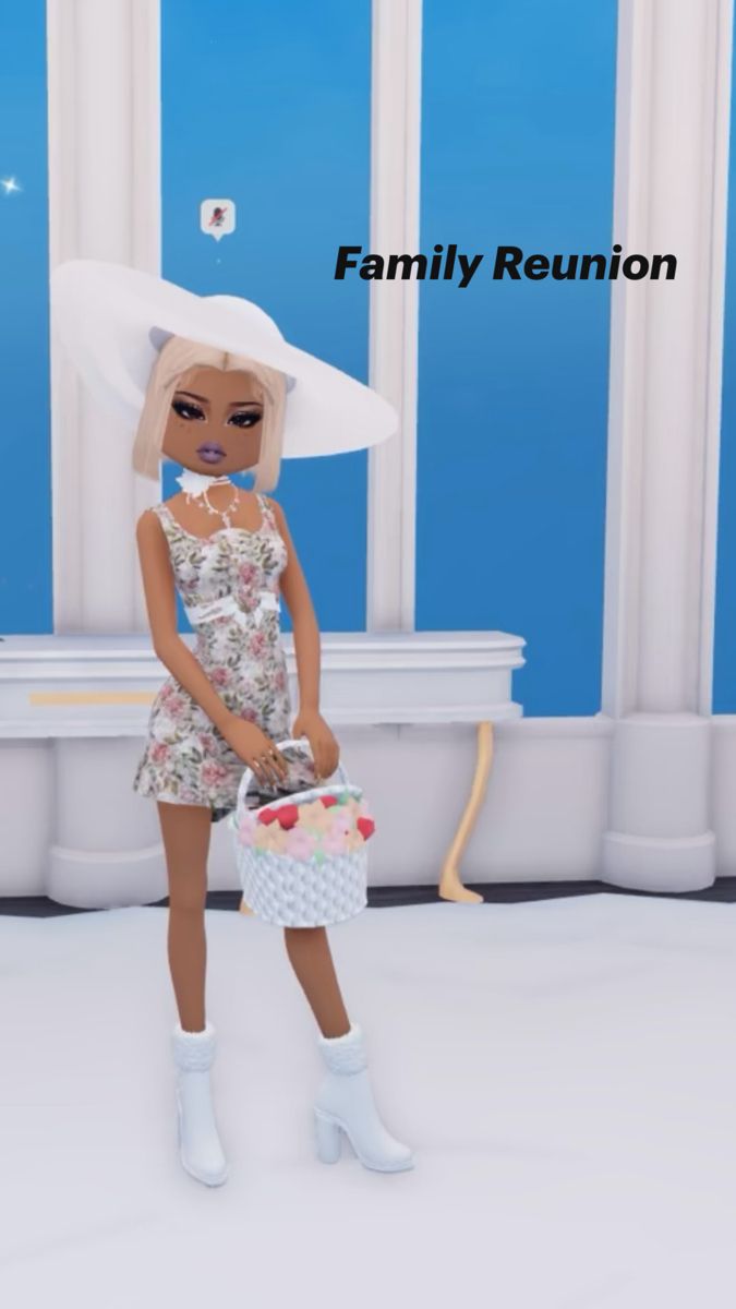 an animated image of a woman in a dress and white hat holding a purse with the words family reunion on it