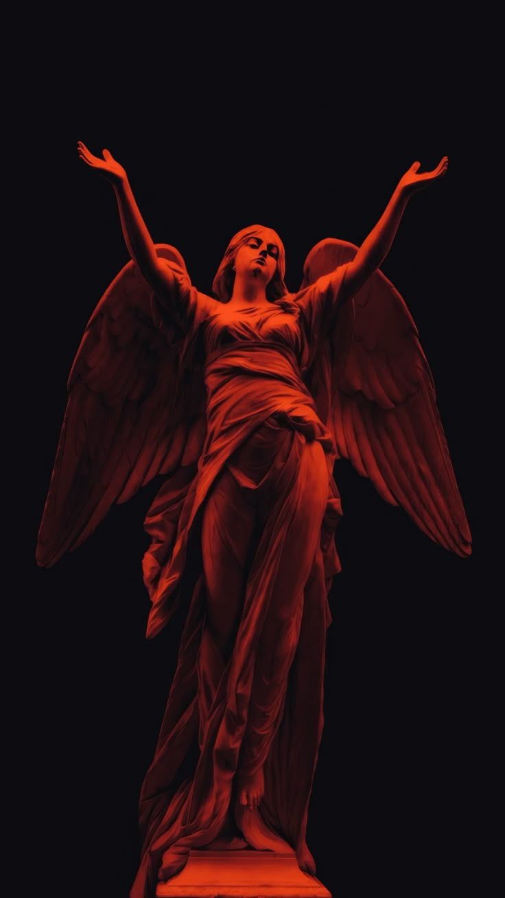 an angel statue with its arms spread out in the air, against a black background