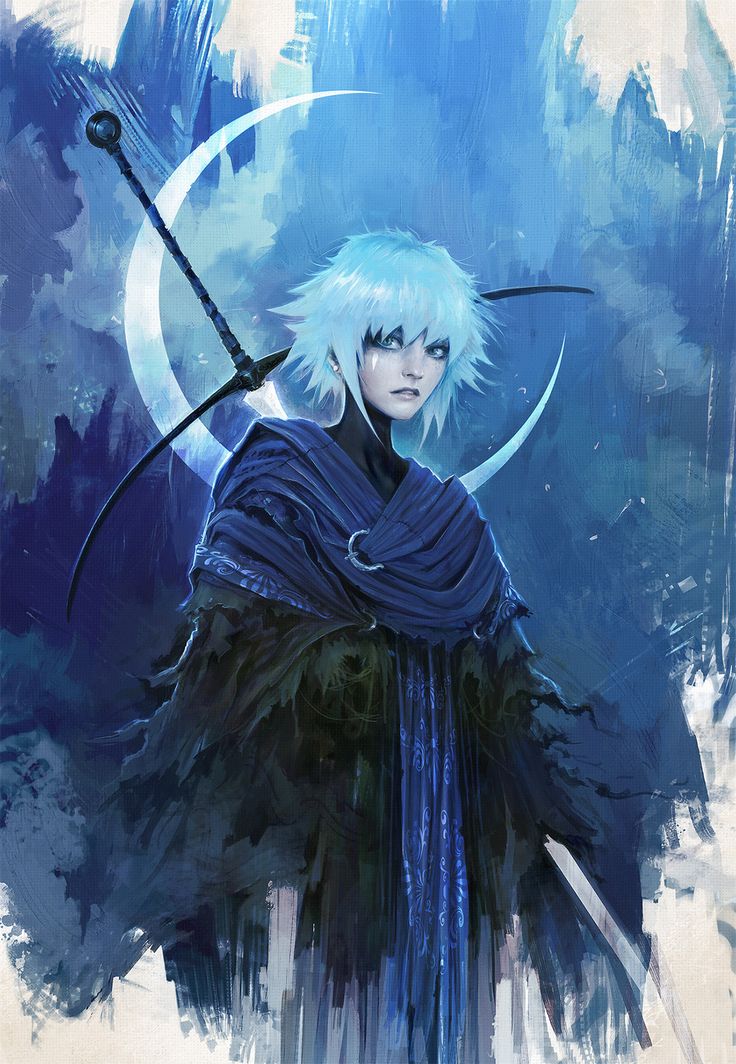 an anime character with white hair and blue eyes holding two swords in front of a full moon