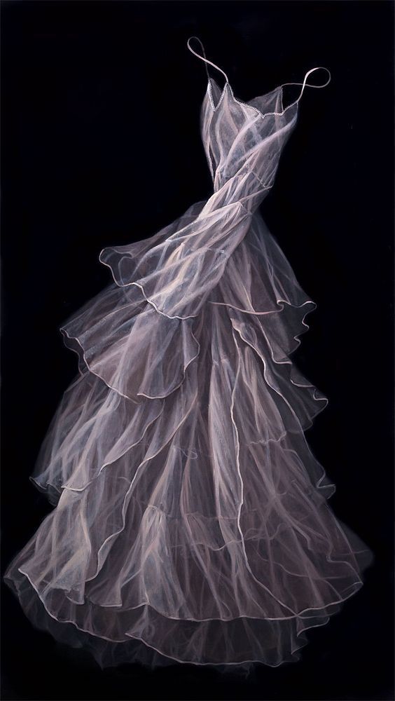 a white dress with ruffled layers on it, against a black background in the shape of a ball gown