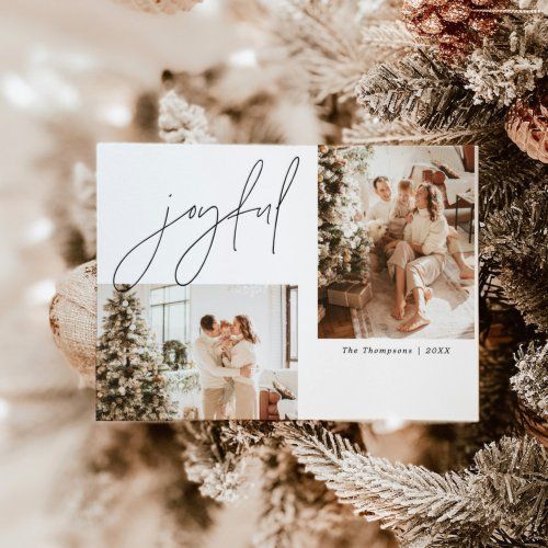 an ornament hanging from a christmas tree with two photos and the words joyful written on it