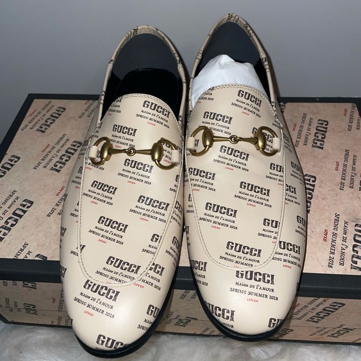 Authentic Gucci Men Apollo Horsebit Loafers Brand New Item# 407314 Color: Beige Features: Unisex (Men 6, Equivalent To Women's 9 Us), Can Be Worn As Loafer Or Fold Down At Heel, As A Mule. Gold Hardware, Wooden Sole/Heel Gucci Moccasins, Gucci Princetown Slipper, Gucci Jordaan Loafer, Gold Loafers, Horsebit Loafers, Mens Leather Loafers, Gucci Store, Black Suede Shoes, Gucci Loafers