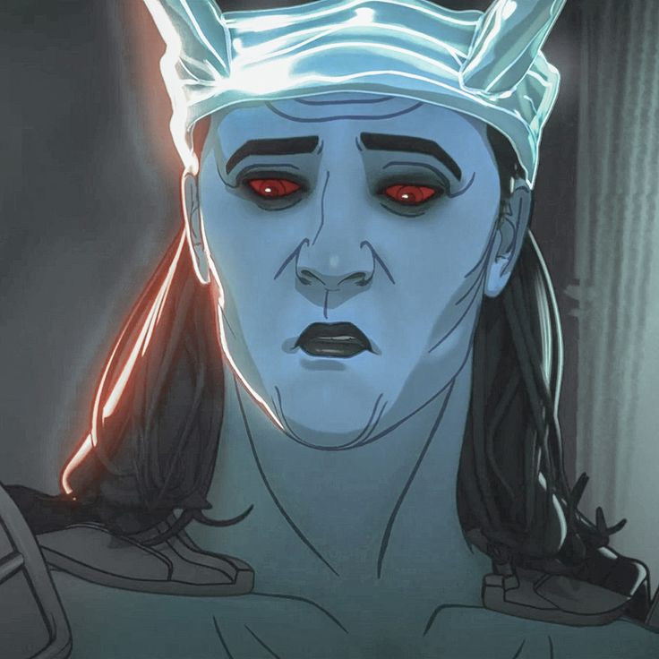 an animated image of a man with red eyes and a crown on top of his head