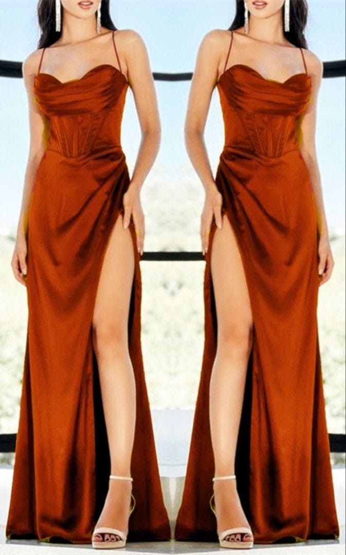 Bridesmaids Dresses Orange Burnt, Burnt Orange Formal Dress Long, Burnt Orange Satin Bridesmaid Dresses, Burnt Orange Prom Dresses, Alt Prom Dress, Dresses For Gala, Burnt Orange Prom Dress, Bridesmaid Dresses For Fall, Brides Made Dress