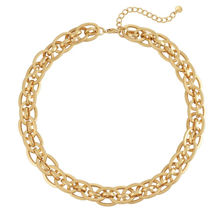 A real statement maker…no mixed messages! A grand, multi-chain link wardrobe essential that elevates any look to one of polished, poised perfection.Gleaming gold ion-plated links that fashion a trendsetting 18" length necklace with a grand 4" extender to adapt to any neckline with unsurpassed ease.Standout style that will stand the test of time.The necklace arrives tucked within our signature velvety pouch, ideally suited for gift-giving and safekeeping…and it’s inc Trendy Gold Plated Chain Necklace For Formal Events, Trendy Gold Plated Chain Necklace For Formal Occasions, Trendy Gold-tone Jewelry With Solid Link Construction, Gold Double Chain Link Necklace, Gold Link Chain Necklace With Double Chain, Elegant Gold-tone Double Chain Necklace, Gold-tone Chain Link Necklace For Party, Gold-tone Double Chain Necklace, Gold-tone Chain Necklace With Solid Link Construction