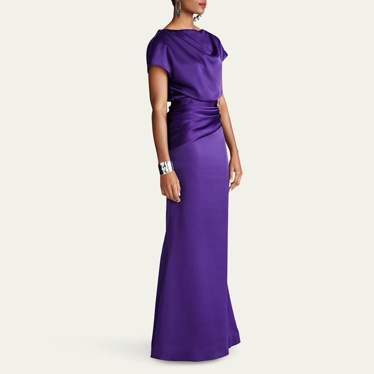 Halston draped gown in satin High neckline; button back closure Short sleeves Full length Trumpet silhouette Invisible back zipper Polyester Professional cleaning recommended Imported