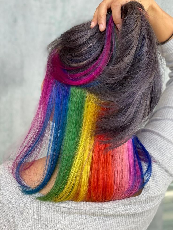 Rainbow Shoulder Length Hair, Hidden Rainbow Hair Black, Rainbow Underdye Hair, Rainbow Hair Color Underneath, Rainbow Color Blocking Hair, Layered Rainbow Hair, Rainbow Dyed Hair Underneath, Rainbow Ends Hair, Rainbow Hair Medium Length