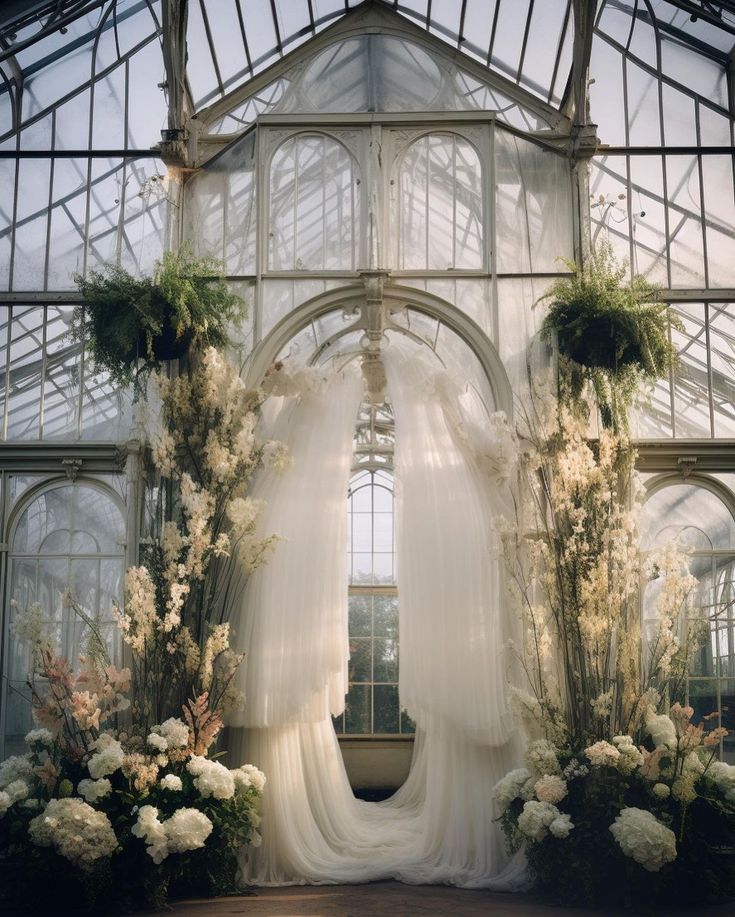 an indoor wedding venue with white flowers and greenery on the walls, arched glass windows