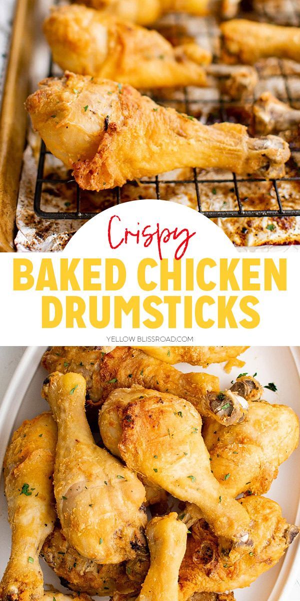 crispy baked chicken drumsticks on a white plate with text overlay that reads crispy baked chicken drumsticks