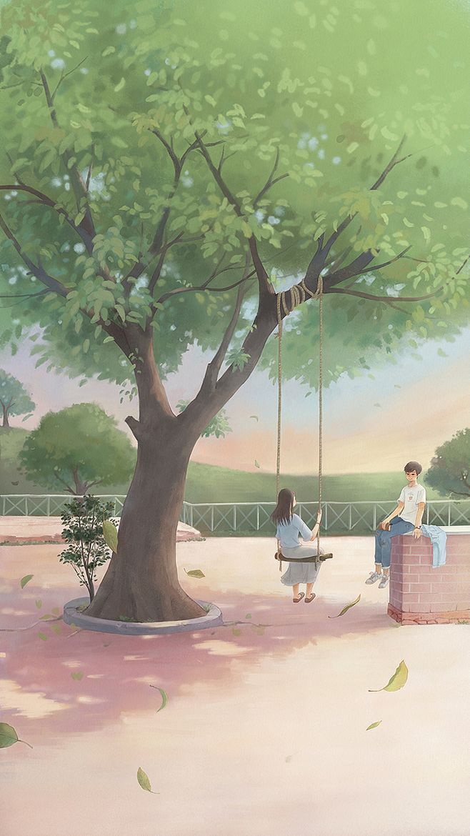 a painting of two people sitting on a swing under a tree in a park,