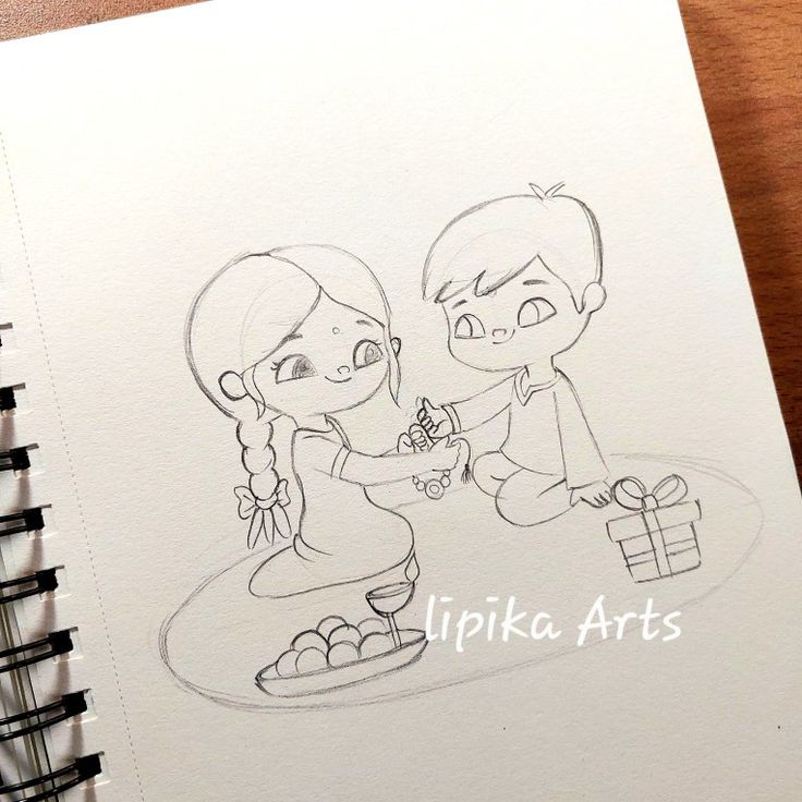 a drawing of two people sitting next to each other on top of a wooden table