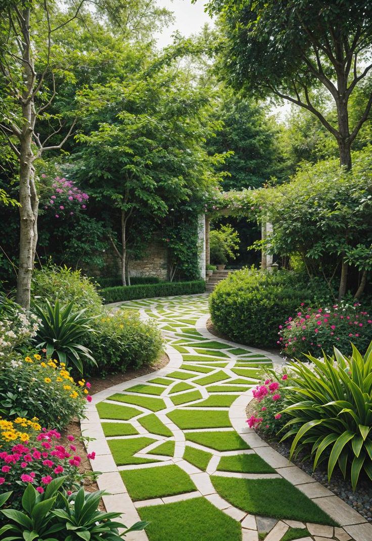 a garden path with grass and flowers in the center, surrounded by bushes and trees