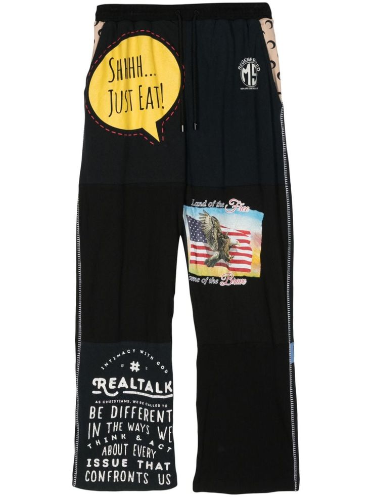 black/multicolour cotton all-over graphic print logo print at the leg patchwork design elasticated drawstring waistband two side slash pockets straight leg Graphic Sweatpants, Activewear Print, Versace Outfit, Marine Serre, Balenciaga Triple S, Short Suit, Patchwork Designs, Drawstring Waistband, Mens Activewear