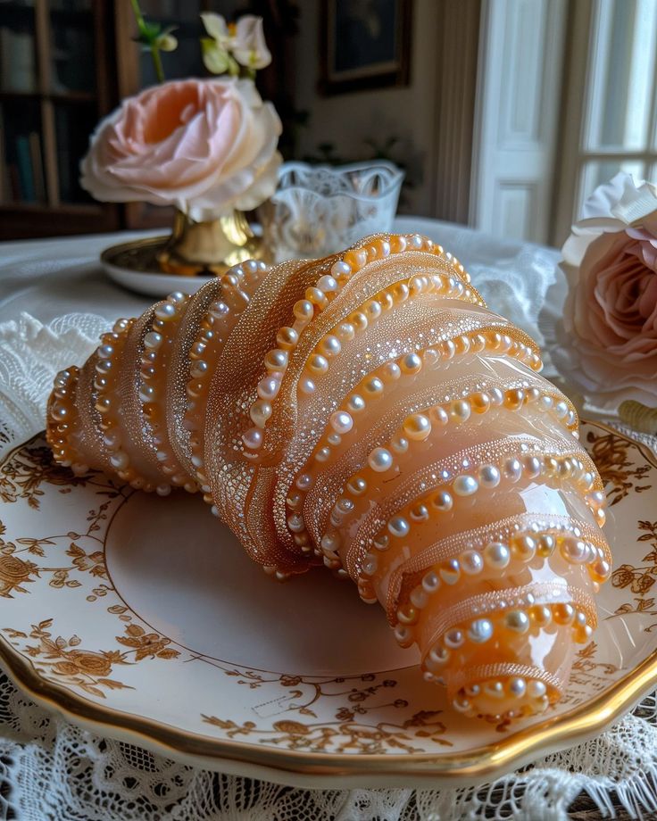 there is a plate with pearls on it