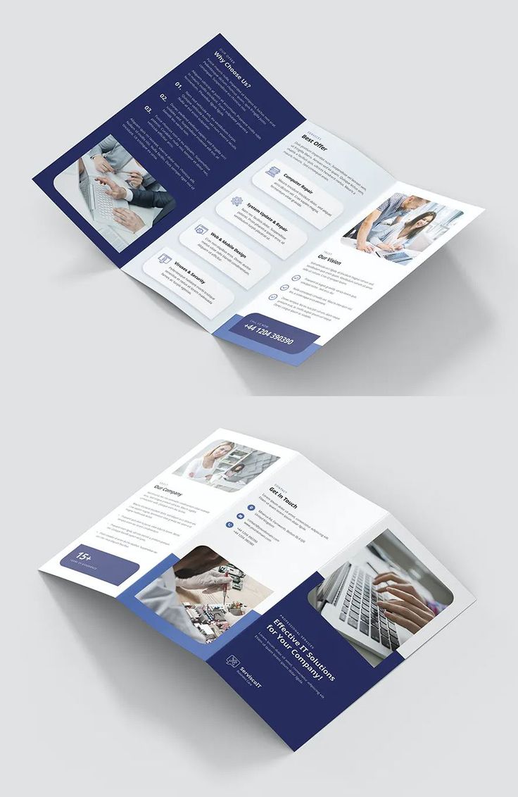 two folded brochures with images of people working on computers