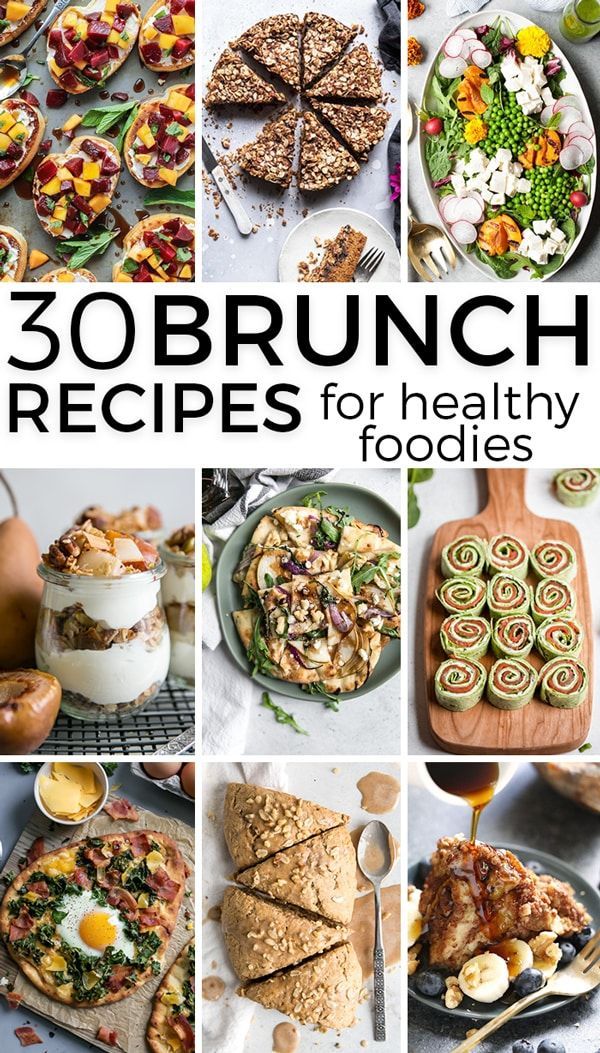 the cover of 30 brunch recipes for healthy foodies, with pictures of different foods