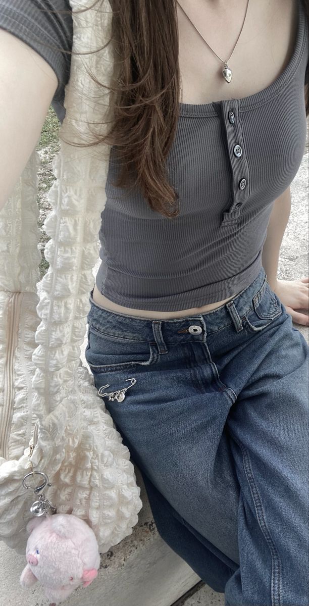 Acubi outfit, summer acubi, korean jeans, soft cyber core, layered top Acubi Jeans Outfits, Acubi Sweater Outfit, Korean Jeans Style, Soft Acubi Fashion, Blue Acubi Outfit, Outfits Aesthetic Korean, Acubi Tops, Acubi Summer Outfits, Acubi Core