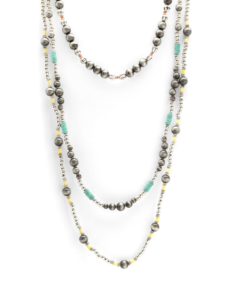 Details: Laid back and effortless triple layered necklace with yellow, turquoise, and orange accent beads Nickel free. Read more → Natural stones are unique and may vary in size, color, and shape Dimensions: Length: 16-inch, 27-inch & 31-inch Includes 3-inch extender chain Single Strand Beaded Necklace, Southwestern Style Long Beaded Necklace, Bohemian Single Strand Silver Jewelry, Bohemian Silver Single Strand Jewelry, Silver Bohemian Single Strand Jewelry, Adjustable Yellow Lariat Necklace, Silver Double Strand Beaded Necklaces For Layering, Turquoise Beaded Chain Long Necklace, Southwestern Multi-strand Jewelry With Colorful Beads