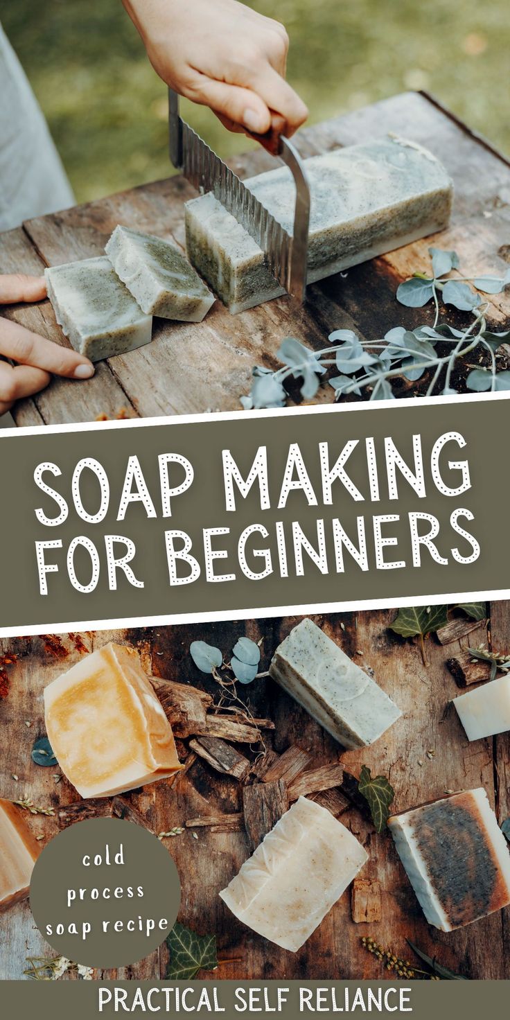 soap making for beginners book cover with hands on a wooden table and various soaps