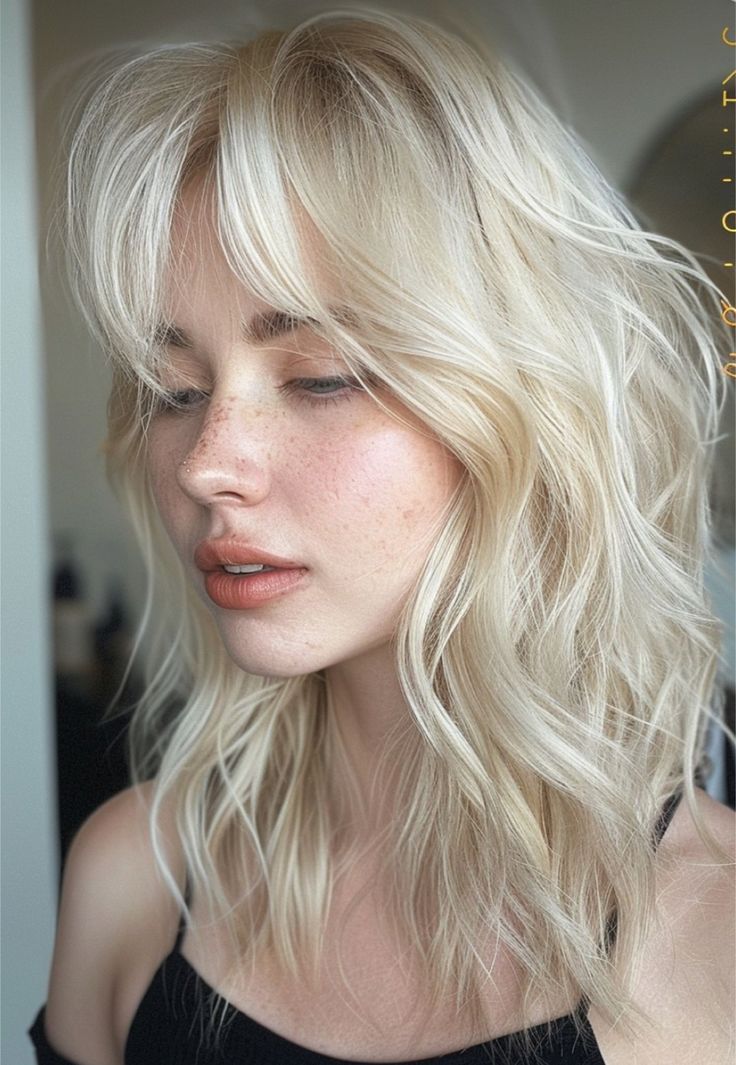 Very Bright Blonde Hair, White Shag Hair, Hair Color Blonde Ideas, Girl With Platinum Blonde Hair, Edgy Blonde Hair Grunge, Trendy Colored Hair, Cool Toned Blonde Hair Pale Skin, Shades Of Platinum Blonde, Platinum Blonde Shag