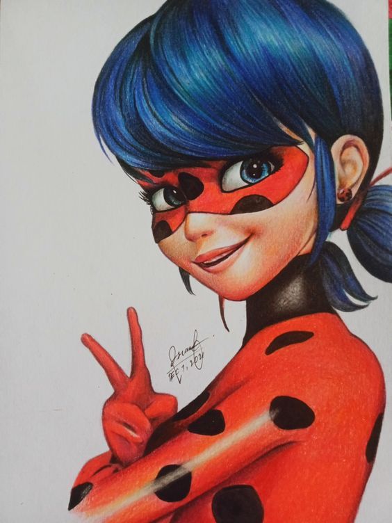 a drawing of a ladybug girl with blue hair and black dots on her face