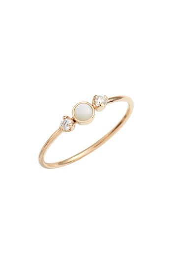 A milky semiprecious-stone cabochon framed in prong-set diamond packs significant luxury into a delicate, stackable ring. 1/8" x 3/8" setting Total diamond weight: 0.06ct. Color: F-G Clarity: SI1 14k gold/diamond Made in the USA >Diamond Guide White Gold Diamond Ring With Cabochon, Elegant Stackable Moonstone Ring, Elegant 14k Gold Cabochon Moonstone Ring, Elegant Stackable Opal Ring, Elegant 14k Gold Stackable Opal Ring, Elegant Stackable Moonstone Ring With Diamond, 14k Gold Pearl Ring With Rose Cut Diamonds, Elegant Opal Ring With Bezel Setting, Dainty White Diamond Moonstone Ring