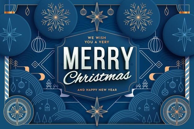 merry christmas and happy new year greeting card with blue ornaments on a dark blue background