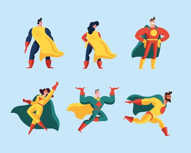 various poses of superheros in their costumes and capes, with one man holding his hands