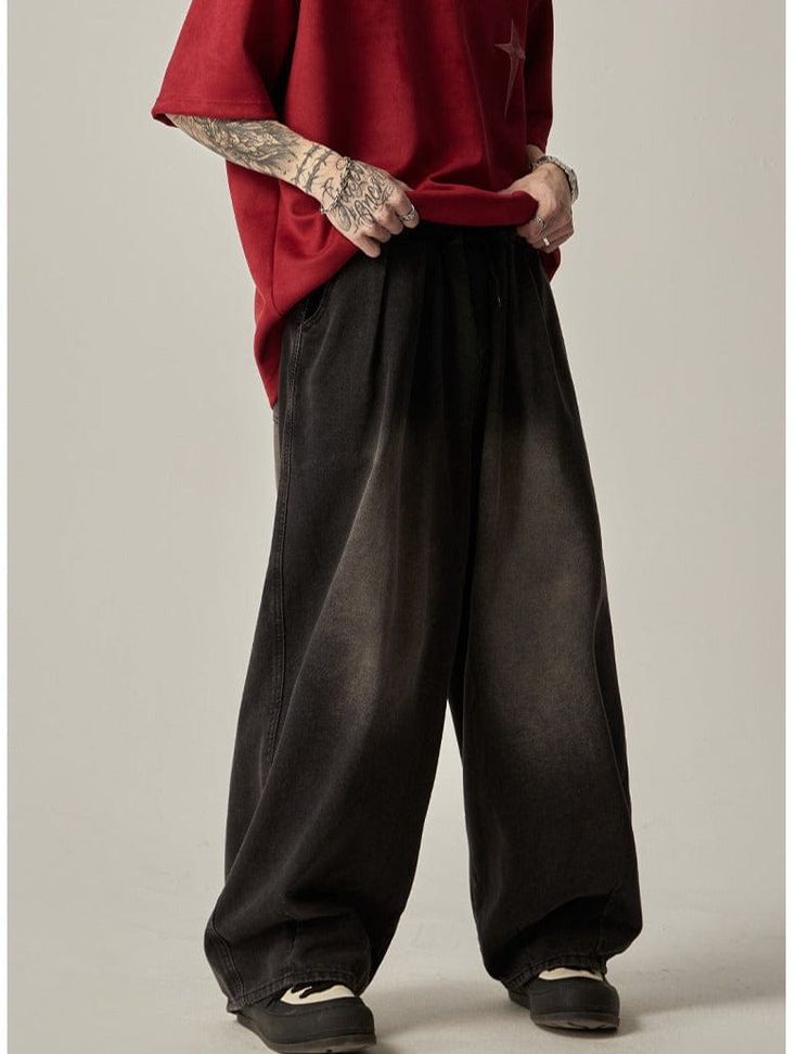 Model is 5ft 9''(174cm) tall, 135 lbs(61kg) weight and wearing a size L - 75% cotton- 25% polyester- Baggy style- DENIM- Drawstirng- Wide straight fit- 2 colors Baggy Hip-hop Jeans For Fall, Hip Hop Wide Leg Winter Jeans, Hip Hop Wide Leg Jeans For Winter, Relaxed Fit Full Length Washed Jeans, Baggy Winter Denim Jeans, Relaxed Fit High Waist Jeans For Winter, Wide Leg Jeans For Winter Streetwear, Dark Wash Hip Hop Bottoms For Fall, Hip Hop Style Dark Wash Bottoms For Fall