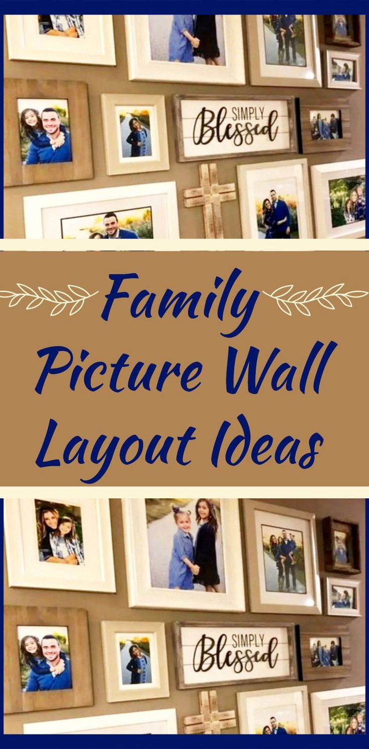 family picture wall layout with blue border and white lettering on the bottom right hand corner