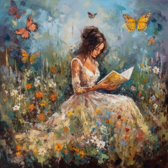 a painting of a woman sitting in a field reading a book with butterflies around her