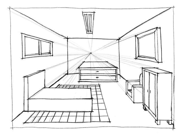 a line drawing of a bedroom with two beds and one dresser in the corner,