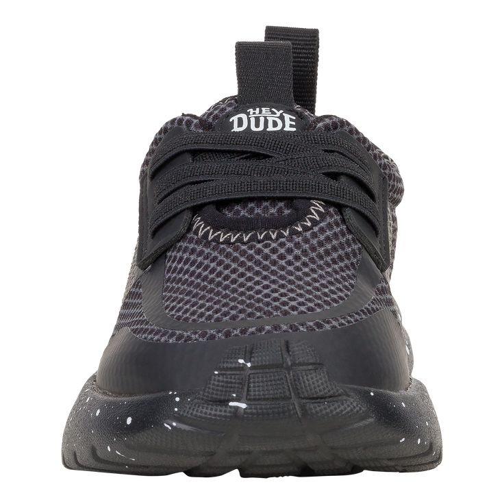 HEYDUDE | Little Kids' Sneakers | Sirocco Play Toddler Varsity - Black/black | Size 10 - Varsity level kicks for varsity level fits. Extra stretch, extra wide opening and extra cool heel pull tabs make these the easiest kicks your kiddo will ever put on. Take this open mesh top, stretch laces and speckled midsole and hit the playground.Shoe Specs:Slip-on Stretch laceMesh top Speckle midsole Stretch lacesEasy-on systemTravel ready Removable foam insoleUpper treated with water repellant spray Clas Black Lace-up Sneakers For Light Sports, Black Urban Sneakers With Laces, Urban Black Sneakers With Laces, Black Breathable Mid-top Running Shoes, Urban Black Sneakers For Jogging, Black Lace-up Athleisure Sneakers, Black Non-slip Sneakers For Jogging, Black Mesh Running Shoes For Streetwear, Black Mesh Lace-up Running Shoes