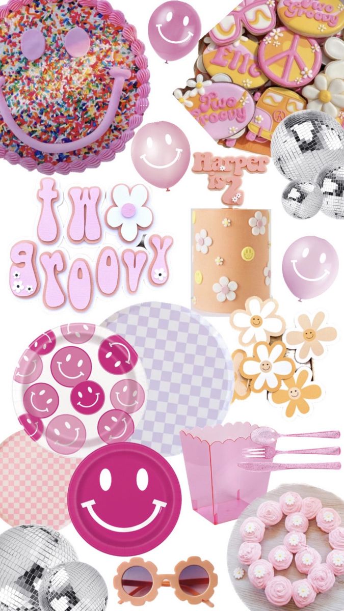 a collage of pink and white items including cake, cupcakes, sunglasses, napkins