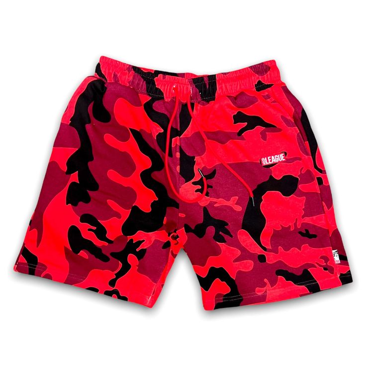 Hoop League Red Camo Streetwear Game Shorts Introducing Hoop League's Red Camo Streetwear Game Shorts. These shorts are made of lightweight, breathable fabric, with a red and gray camouflage pattern to keep you cool and stylish for any game. The drawstring waistband ensures a secure, comfortable fit. Get ready to dominate the court in these stylish, athletic shorts. Red Bottoms With Built-in Shorts For Streetwear, Red Streetwear Bottoms With Built-in Shorts, Red Streetwear Shorts, Red Short Bottoms For Streetwear, Red Short Length Bottoms For Streetwear, Red Athletic Shorts With Elastic Waistband For Summer, Red Cotton Leisure Shorts, Red Athletic Shorts For Streetwear, Red Cotton Athletic Shorts For Streetwear