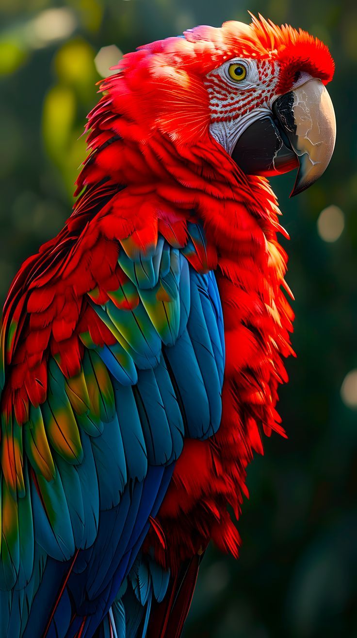 a red and blue parrot is perched on a tree branch with green leaves in the background