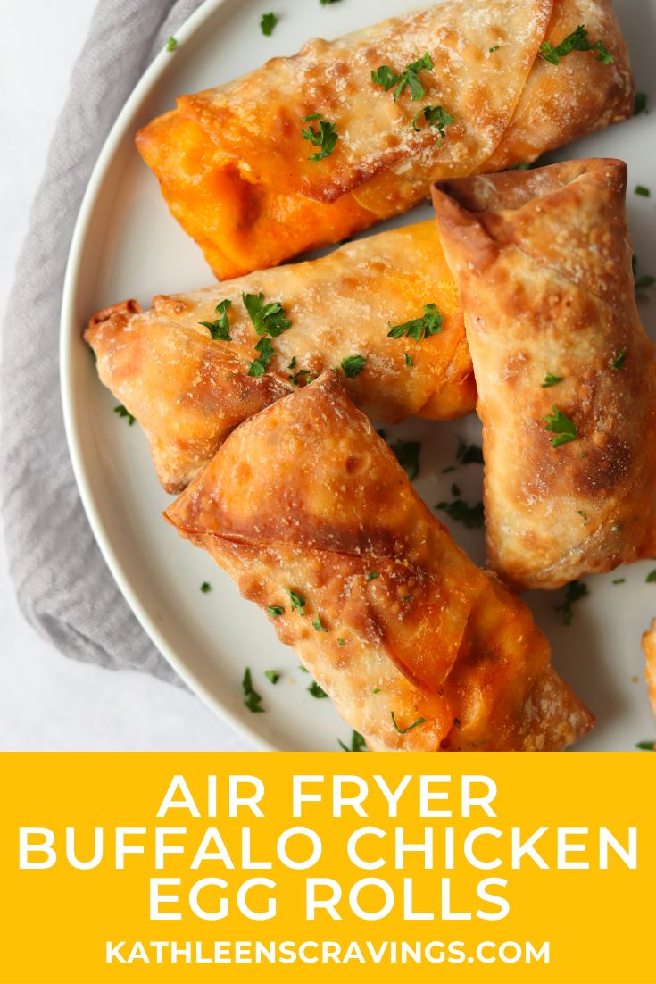 air fryer buffalo chicken egg rolls on a white plate