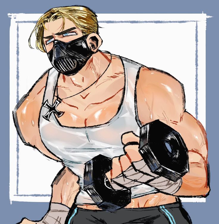 a drawing of a man with a gas mask holding a pair of dumbbells