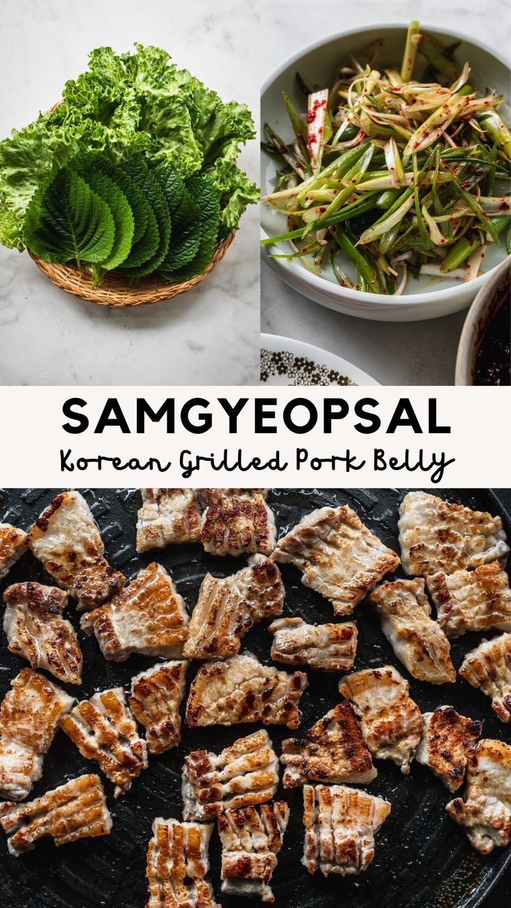 Korean grilled pork belly (samgyeopsal) on plate with green onions and lettuce wraps Korean Pork Belly Lettuce Wraps, Korean Food Pork Belly, Korean Bbq Lettuce Wraps, Korean Grilled Pork Belly, Korean Grill At Home, Pork Belly Recipes Oven, Samgyeopsal Recipe, Pork Belly Seasoning, Korean Pork Belly Recipes