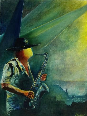 a painting of a man with a saxophone in his hand and wearing a black hat