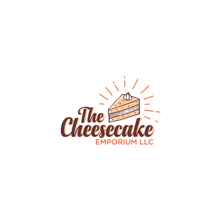 the cheesecake emporium logo is shown in brown and orange colors on a white background