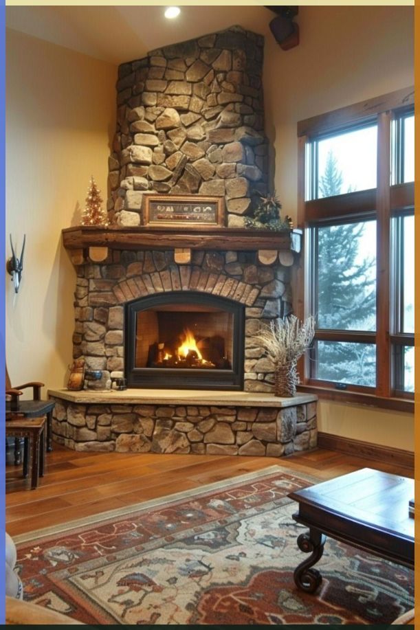 a living room with a stone fireplace and large windows