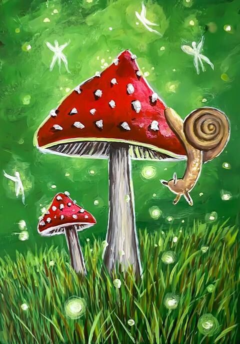 an acrylic painting of two mushrooms in the grass with dragonflies flying around